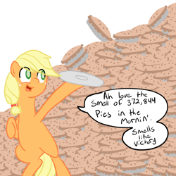 Size: 1000x1000 | Tagged: safe, artist:bennimarru, applejack, earth pony, pony, 30 minute art challenge, apple, apple pie, deadpool, food, hatless, missing accessory, parody, pie, simple background, solo, white background