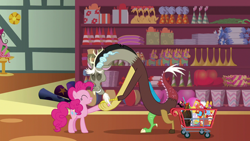 Size: 1280x720 | Tagged: safe, screencap, discord, pinkie pie, draconequus, earth pony, pony, discordant harmony, duo, eyes closed, female, handshake, male, mare, piñata, rubber chicken, shopping cart, store, volcano