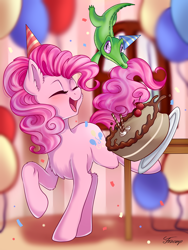 Size: 3000x4000 | Tagged: safe, artist:foxcarp, gummy, pinkie pie, alligator, earth pony, pony, cake, chest fluff, cute, eyes closed, female, food, mare, open mouth, raised hoof, raised leg, smiling