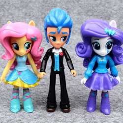 Size: 800x800 | Tagged: safe, flash sentry, fluttershy, rarity, equestria girls, bootleg, boots, clothes, doll, dress, equestria girls minis, legs, shoes, skirt, toy, tuxedo