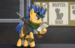 Size: 1600x1046 | Tagged: safe, artist:brony-commentator, artist:drawponies, flash sentry, fallout equestria, bounty hunter, clothes, commission, fallout, goggles, gun, rifle, scarf, solo, wanted poster, weapon