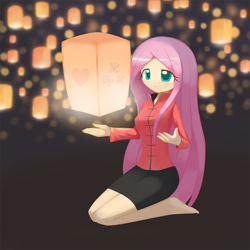 Size: 1000x1000 | Tagged: safe, artist:howxu, fluttershy, human, clothes, cute, female, humanized, kneeling, lantern, long hair, shyabetes, smiling, solo