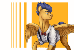 Size: 1500x1000 | Tagged: safe, artist:rossignolet, flash sentry, pegasus, pony, bowtie, clothes, flash hunktry, male, shirt, smiling, solo, white shirt