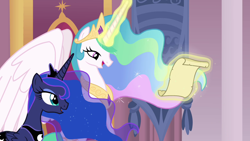 Size: 1280x720 | Tagged: safe, screencap, princess celestia, princess luna, alicorn, pony, canterlot castle, glowing horn, horn, intro, levitation, magic, opening, telekinesis, theme song, throne, throne room