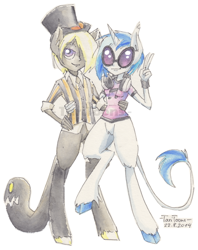 Size: 500x630 | Tagged: safe, artist:taritoons, dj pon-3, vinyl scratch, oc, oc:spookin, anthro, classical unicorn, anthro oc, human facial structure, leonine tail