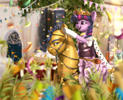 Size: 1600x1300 | Tagged: safe, artist:rossignolet, flash sentry, twilight sparkle, twilight sparkle (alicorn), alicorn, anthro, pegasus, pony, anthro with ponies, bit, bridle, cloak, clothes, confetti, crown, dress, female, flashlight, jewelry, male, mare, ponies riding ponies, regalia, reins, scenery, scepter, shipping, smiling, stallion, straight, tack