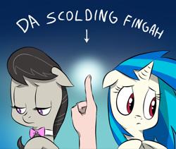 Size: 1309x1107 | Tagged: safe, artist:doublewbrothers, dj pon-3, octavia melody, vinyl scratch, human, cropped, finger, hand, offscreen character, pony simulator, pov, scolding