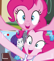 Size: 1920x2160 | Tagged: safe, screencap, pinkie pie, rarity, earth pony, pony, best trends forever, best trends forever: pinkie pie, better together, equestria girls, make new friends but keep discord, bow, breaking the fourth wall, camera shot, choose pinkie pie, comparison, female, fourth wall, geode of shielding, geode of sugar bombs, he wants all of the cakes