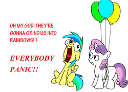 Size: 504x360 | Tagged: safe, artist:djneonglow, sweetie belle, oc, oc:aurora, oc:aurora dawn, fanfic:rainbow factory, balloon, captain hook the biker gorilla, panic, rainbow dash presents, simple background, thrackerzod, white background