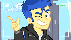 Size: 1920x1080 | Tagged: safe, screencap, flash sentry, best trends forever, better together, equestria girls, clothes, cute, diasentres, grin, handsome, hoodie, one eye closed, smiling, solo, stupid sexy flash sentry, the handsome feller, wink