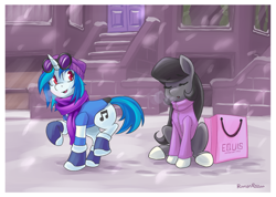 Size: 1280x912 | Tagged: safe, artist:romanrazor, dj pon-3, octavia melody, vinyl scratch, earth pony, pony, unicorn, backwards cutie mark, bag, clothes, eyes closed, female, hat, mare, open mouth, scarf, sigh, snow, snowfall, sweater, turtleneck, winter