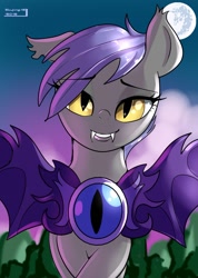 Size: 812x1138 | Tagged: safe, artist:skyart301, oc, oc only, oc:midnight blossom, bat pony, pony, bedroom eyes, fangs, solo