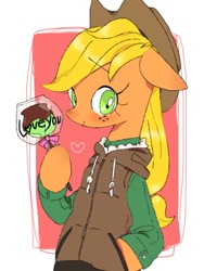 Size: 768x1024 | Tagged: safe, artist:kagitsuki, applejack, earth pony, pony, apple, candy, candy apple (food), clothes, food, hoodie, looking at you, solo