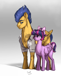 Size: 1200x1500 | Tagged: safe, artist:rossignolet, flash sentry, twilight sparkle, twilight sparkle (alicorn), alicorn, pegasus, pony, alternate hairstyle, bow, clothes, female, flash hunktry, flashlight, hair bow, male, mare, shipping, shirt, size difference, smiling, stallion, straight, white shirt