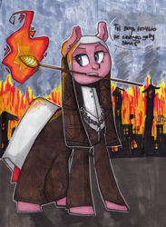 Size: 1720x2352 | Tagged: safe, artist:colouredteapot, pinkie pie, pony, clothes, female, fire, human facial structure, mare, mouth hold, nun, pinkamena diane pie, russian, solo, traditional art