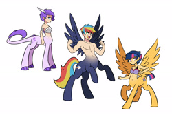 Size: 3000x2000 | Tagged: safe, artist:kianamai, oc, oc only, oc:crystal clarity, oc:prism bolt, oc:starburst, centaur, dracony, hybrid, bandage, belly button, bra, clothes, interspecies offspring, kilalaverse, next generation, offspring, open mouth, parent:flash sentry, parent:rainbow dash, parent:rarity, parent:soarin', parent:spike, parent:twilight sparkle, parents:flashlight, parents:soarindash, parents:sparity, raised hoof, rearing, simple background, smiling, spread wings, underwear, white background