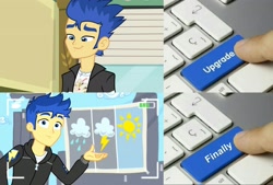 Size: 3037x2048 | Tagged: safe, edit, edited screencap, screencap, flash sentry, best trends forever, better together, equestria girls, equestria girls (movie), clothes, comparison, exploitable meme, haircut, handsome, hoodie, jacket, keyboard, meme, solo, television, upgrade, upgrade meme, weather