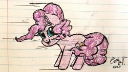 Size: 3287x1850 | Tagged: safe, artist:binkyt11, pinkie pie, earth pony, pony, chibi, female, lined paper, looking at you, mare, sliding, smiling, solo, traditional art