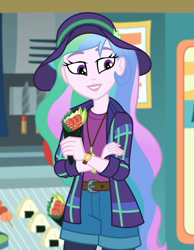 Size: 816x1052 | Tagged: safe, screencap, princess celestia, principal celestia, better together, choose your own ending, equestria girls, the road less scheduled, the road less scheduled: celestia, clothes, cropped, feather, feather necklace, female, flannel, food, food truck, hat, jewelry, music festival outfit, necklace, shorts, smiling, sushi, sushi cone, watch, wristwatch