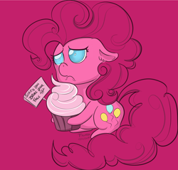 Size: 2400x2290 | Tagged: safe, artist:firimil, pinkie pie, earth pony, pony, cupcake, food, sad, sad face, sign, simple background, solo