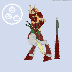 Size: 2000x2000 | Tagged: safe, artist:silverfox057, applejack, earth pony, pony, apple clan, armor, clan champion, kanabō, katana, legends of harmony, missing armor, samurai, simple background, solo, spiked armor, sword, tetsubo, weapon