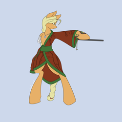 Size: 2000x2000 | Tagged: safe, artist:silverfox057, applejack, earth pony, pony, amputee, apple clan, bipedal, clan champion, clothes, fan, legends of harmony, missing arm, samurai, simple background, solo, tattoo, vaguely asian robe