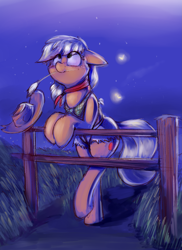 Size: 1537x2116 | Tagged: safe, artist:emberkaese, applejack, earth pony, firefly (insect), pony, bandana, bipedal, bipedal leaning, clothes, cute, daisy dukes, female, fence, floppy ears, jackabetes, leaning, looking up, mare, neckerchief, night, shorts, solo, stars, straw