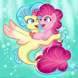 Size: 1024x1024 | Tagged: safe, artist:yoshimarsart, pinkie pie, princess skystar, seapony (g4), my little pony: the movie, cute, diapinkes, female, hug, lesbian, one eye closed, seaponified, seapony pinkie pie, shipping, skyabetes, skypie, species swap, watermark