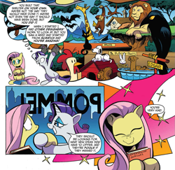 Size: 979x950 | Tagged: safe, artist:andypriceart, idw, angel bunny, fluttershy, rarity, ape, bat, big cat, bird, chicken, dog, giraffe, lion, monkey, otter, pegasus, pony, raven (bird), shark, squirrel, unicorn, spoiler:comic, spoiler:comic64, beagle, comic, doghouse, edgar allan poe, jaws, official comic, peanuts (comic), shout out, snoopy, sweet feather sanctuary, the raven