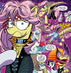 Size: 926x943 | Tagged: safe, artist:andypriceart, idw, coco pommel, fluttershy, rarity, earth pony, pegasus, pony, unicorn, spoiler:comic, spoiler:comic64, 80s, acid, aerosmith, bandana, choker, clothes, comic, dialogue, fluttershy is not amused, jeans, jewelry, leg warmers, leotard, literal butthurt, mohawk, necklace, not amused face, official comic, pain, pants, plot, slice of life, song reference, speech bubble, spread wings, steven tyler, sunglasses, synthwave, unamused, wings