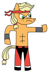 Size: 1260x1864 | Tagged: safe, artist:daemonbombinc, applejack, earth pony, pony, clothes, headband, liu kang, mortal kombat, solo, standing