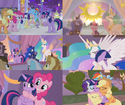 Size: 2560x2160 | Tagged: safe, artist:cartoonmasterv3, screencap, applejack, fluttershy, pinkie pie, princess celestia, princess luna, rainbow dash, rarity, spike, twilight sparkle, twilight sparkle (alicorn), alicorn, dragon, earth pony, pegasus, pony, unicorn, the summer sun setback, female, hugging a pony, male, mane six, mircophone, motherly, winged spike