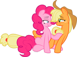 Size: 1619x1200 | Tagged: safe, artist:storfulsten, applejack, pinkie pie, earth pony, pony, applepie, eye contact, female, lesbian, lidded eyes, looking at each other, shipping, simple background, transparent background