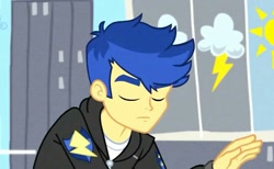 Size: 928x570 | Tagged: safe, screencap, flash sentry, best trends forever, better together, equestria girls, alternate hairstyle, cropped, eyes closed, male