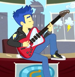 Size: 703x720 | Tagged: safe, screencap, flash sentry, best trends forever, better together, equestria girls, alternate hairstyle, clothes, converse, cropped, electric guitar, eyes closed, guitar, male, shoes, sneakers, solo