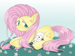 Size: 4000x3000 | Tagged: safe, artist:770nanao15, angel bunny, fluttershy, pegasus, pony, female, flower, looking at something, looking at you, looking sideways, mare, prone, sleeping, smiling