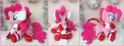 Size: 2003x743 | Tagged: safe, artist:lilmoon, pinkie pie, earth pony, pony, clothes, earmuffs, female, irl, mare, photo, plushie, prone, scarf, socks, solo, striped socks