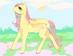 Size: 688x528 | Tagged: safe, artist:godlydescentufo, fluttershy, pegasus, pony, cloud, colored hooves, female, mare, mountain, sky, solo, spring, sun, underhoof