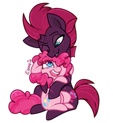 Size: 543x592 | Tagged: safe, artist:esmeia, fizzlepop berrytwist, pinkie pie, tempest shadow, earth pony, pony, my little pony: the movie, broken horn, eye scar, female, lesbian, mare, scar, shipping, simple background, smiling, tempestpie, transparent background