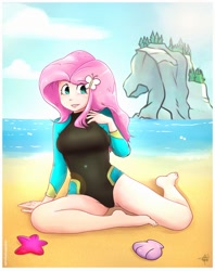 Size: 1586x2000 | Tagged: safe, artist:oyedraws, fluttershy, better together, equestria girls, forgotten friendship, barefoot, beach, breasts, clothes, feet, female, hootershy, human coloration, ocean, one-piece swimsuit, rock horse, sand, solo, swimsuit, wetsuit