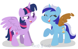 Size: 1500x942 | Tagged: safe, artist:frog&cog, derpibooru import, minuette, twilight sparkle, twilight sparkle (alicorn), alicorn, pony, unicorn, amending fences, cardboard, cardboard wings, cutie mark, duo, eyes closed, fake wings, female, hooves, horn, lineless, mare, open mouth, simple background, spread wings, tape, teeth, transparent background, wings