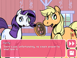 Size: 800x600 | Tagged: safe, artist:rwl, applejack, rarity, earth pony, pony, unicorn, dating sim, the difference between us