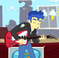 Size: 675x667 | Tagged: safe, screencap, flash sentry, best trends forever, better together, equestria girls, alternate hairstyle, clothes, cropped, electric guitar, eyes closed, guitar, male, smiling