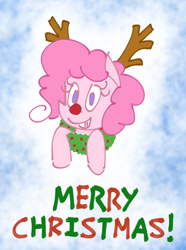 Size: 2632x3544 | Tagged: safe, artist:chumguzzle, pinkie pie, earth pony, pony, antlers, christmas, christmas wreath, female, holiday, looking at you, mare, no catchlights, red nose, reindeer antlers, smiling, solo, wreath