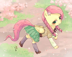 Size: 1252x1000 | Tagged: safe, artist:yanamosuda, fluttershy, pegasus, pony, braid, clothes, cute, female, mare, mary janes, pigtails, pleated skirt, school uniform, shoes, shyabetes, skirt, smiling, socks, solo