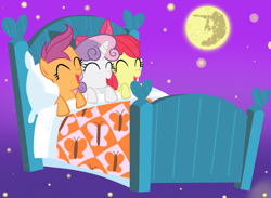 Size: 750x550 | Tagged: safe, artist:zat, apple bloom, scootaloo, sweetie belle, bed, cutie mark crusaders, eyes closed, mare in the moon, moon, pixiv