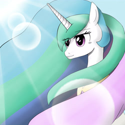 Size: 5000x5000 | Tagged: safe, artist:majupaju, princess celestia, alicorn, pony, absurd resolution, female, lens flare, mare, smiling, solo, sun, sunlight