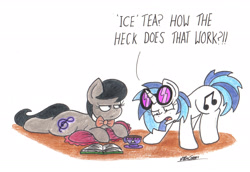 Size: 2058x1413 | Tagged: safe, artist:bobthedalek, dj pon-3, octavia melody, vinyl scratch, earth pony, pony, unicorn, backwards cutie mark, confused, iced tea, octavia is not amused, pillow, teacup, unamused