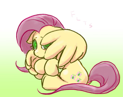 Size: 963x761 | Tagged: safe, artist:noupu, fluttershy, pegasus, pony, covering, female, floppy ears, looking at you, looking sideways, mare, shy, sitting, solo, wrong eye color