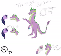 Size: 2661x2445 | Tagged: safe, artist:sydfreak2, derpibooru import, spike, sweetie belle, twilight sparkle, dragon, female, male, older, older spike, shipping, sketch, spikebelle, straight, teenage spike, teenaged dragon